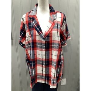 PRETTYLITTLETHING PLUS Red Navy White Plaid Short Sleeve Button Up Shirt Top 2XL
